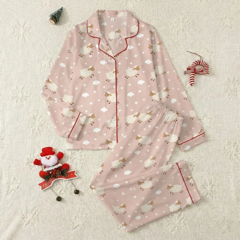 Women's Playful Blush Pink Scattered Off-White Lamb Hearts Clouds Star Pattern Satin Pajamas Set - 1
