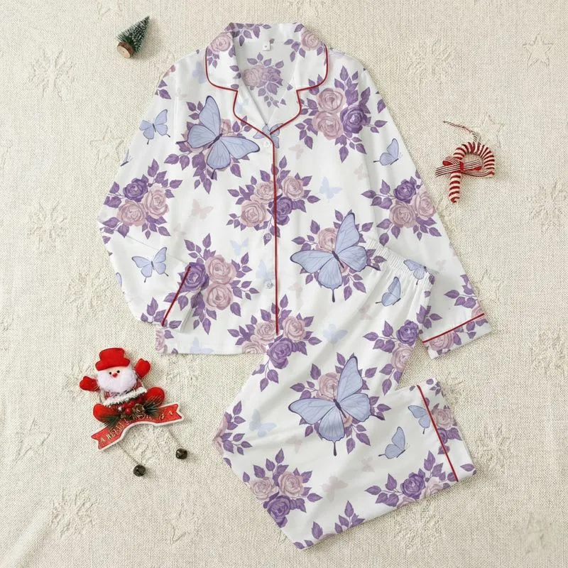Women's Delicate Lavender Rose, Periwinkle Blue & Mauve Butterfly Illustrative Pattern Satin Pajamas Set - 1