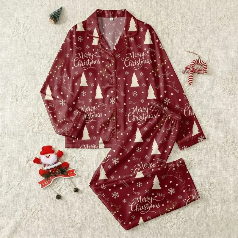 Women's Deep Red Illustrative Repeating Reindeer Snowflake Christmas Tree Pattern with Merry Christmas Script & Gold Antlers Satin Pajamas Set - 1