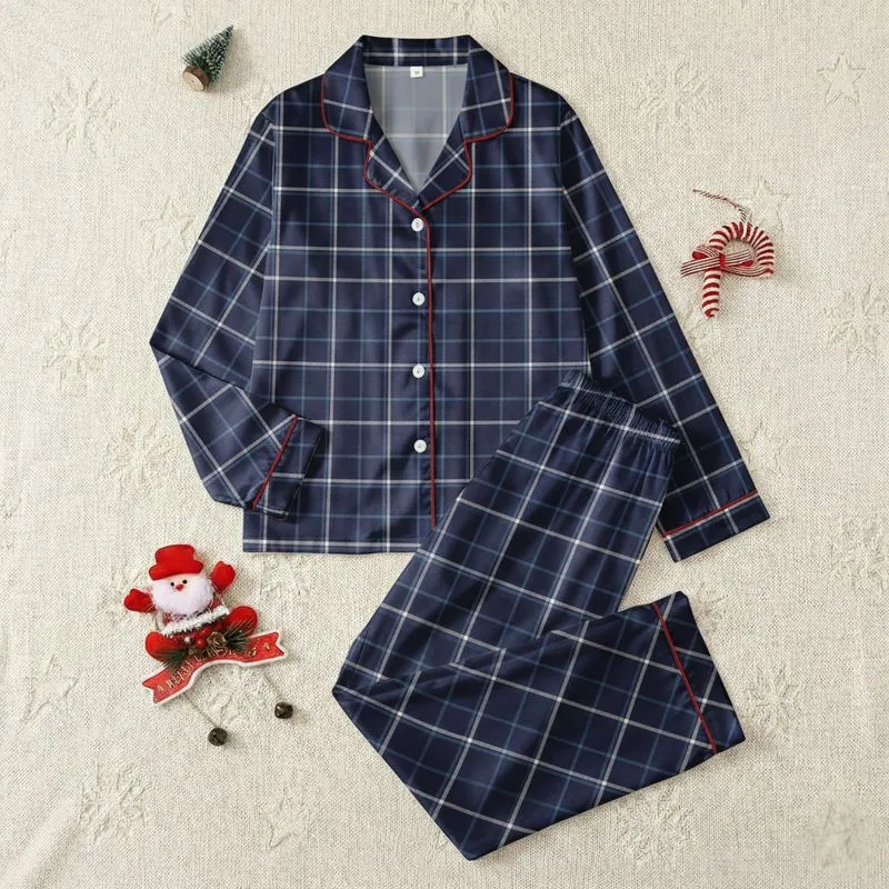 Women's Three Geometric Plaid Patterns: Navy Cadet Blue Tartan, Deep Teal Sage Grid, Dusty Rose Blush Windowpane Satin Pajamas Set - 1