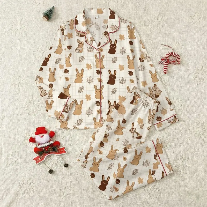 Women's Whimsical Cartoon Bunnies Autumn Foliage Warm Camel Cream Plaid Texture Satin Pajamas Set - 1