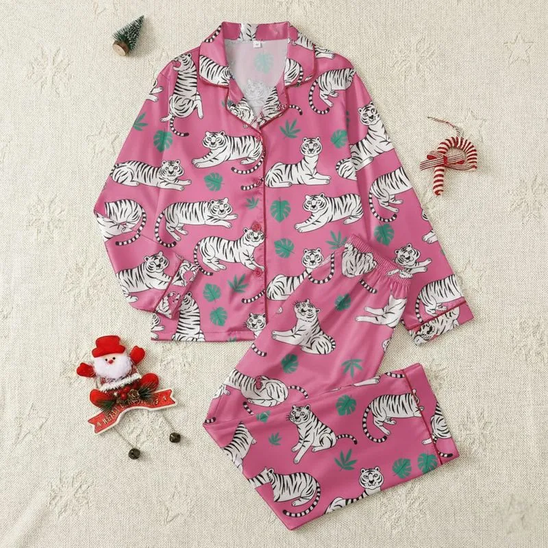 Women's Hot Pink White Tiger Playful Pose Teal Tropical Leaf Flat Graphic Pattern Satin Pajamas Set - 1