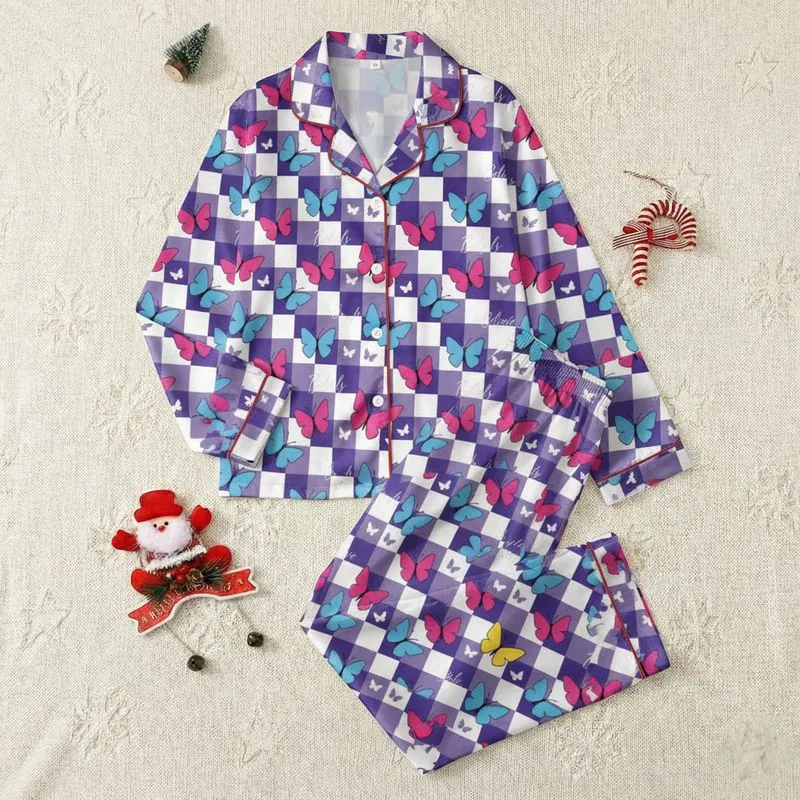 Women's Graphic Royal Purple Buffalo Check Butterfly Design with Vibrant Blue Pink Yellow & Script Satin Pajamas Set - 1