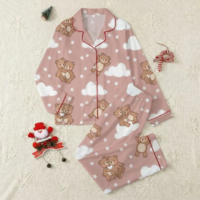Kids' Whimsical Dusty Rose Brown Teddy Bear Cloud Star Pattern Satin Pajamas Set - 1