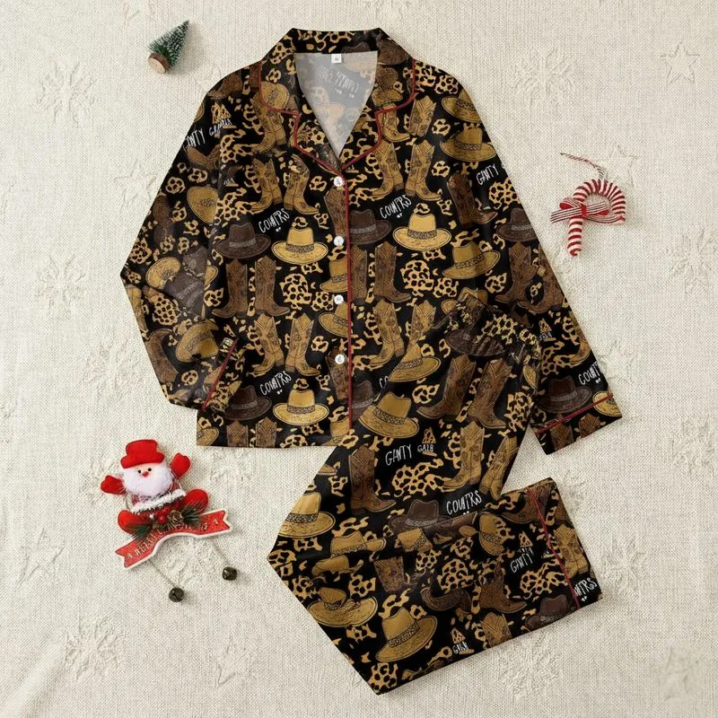 Country Gals' Rustic Western Cowgirl Boots, Hats, Gold Tan Leopard Spots, 'BOOTS ON' Text Satin Pajamas Set - 1