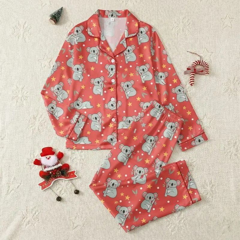 Women's Vibrant Red Playful Blue-Grey Koala Pattern with Yellow Stars & Green Eucalyptus Satin Pajamas Set - 1