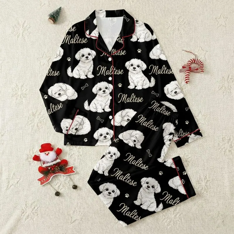Women's Fluffy White Maltese Dog Poses Seamless Pattern Black Background Cream Script Satin Pajamas Set - 1