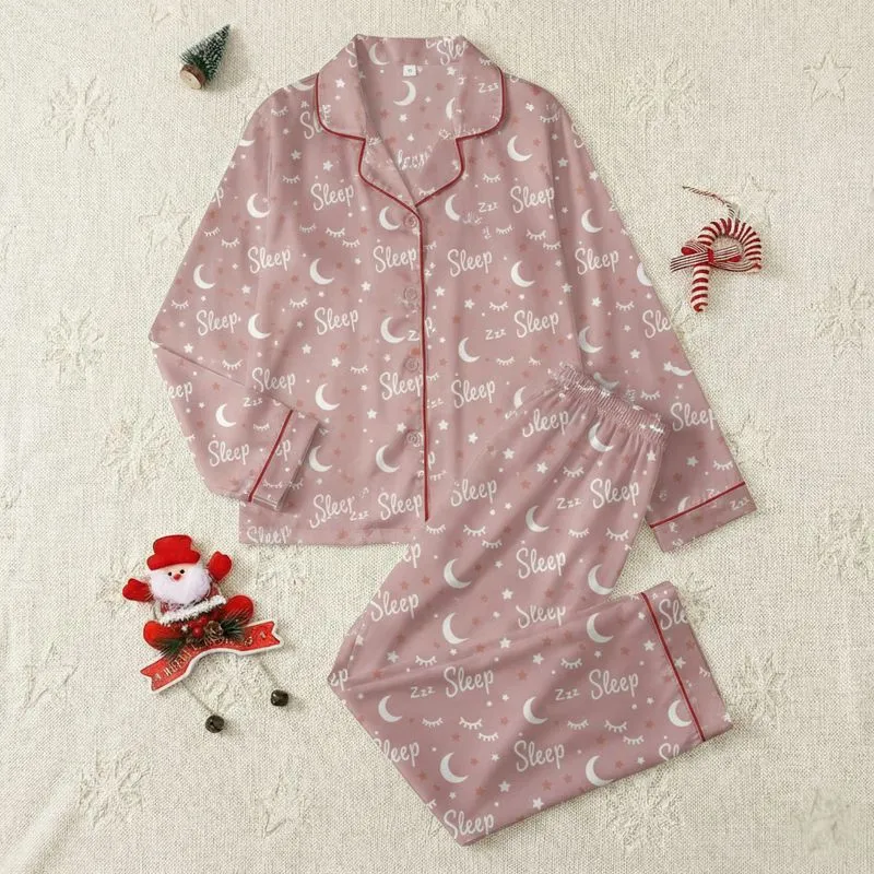 Women's Muted Pink Whimsical Sleep Celestial Pattern with White Peachy-Pink Script, Moons, Stars, Zzz Satin Pajamas Set - 1