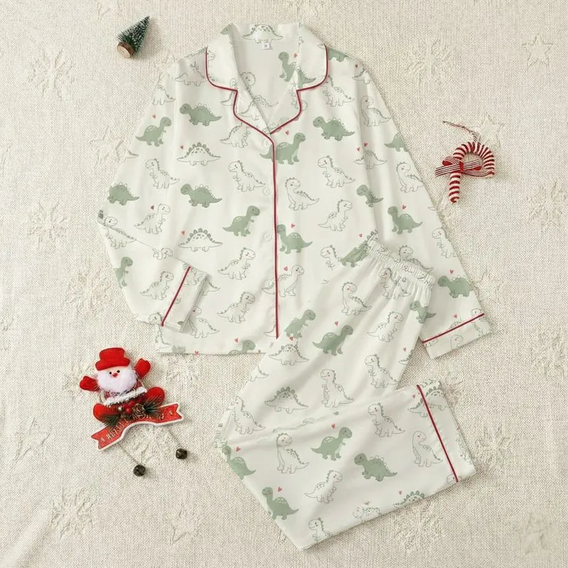 Playful Dino Fan: Hand-Drawn Sage Green Doodle Dinosaurs Satin Pajamas Set - 1