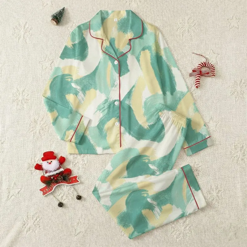 Women's Abstract Painterly Soft Watercolor Wash Cream Mint Yellow Brushstroke Pattern Satin Pajamas Set - 1
