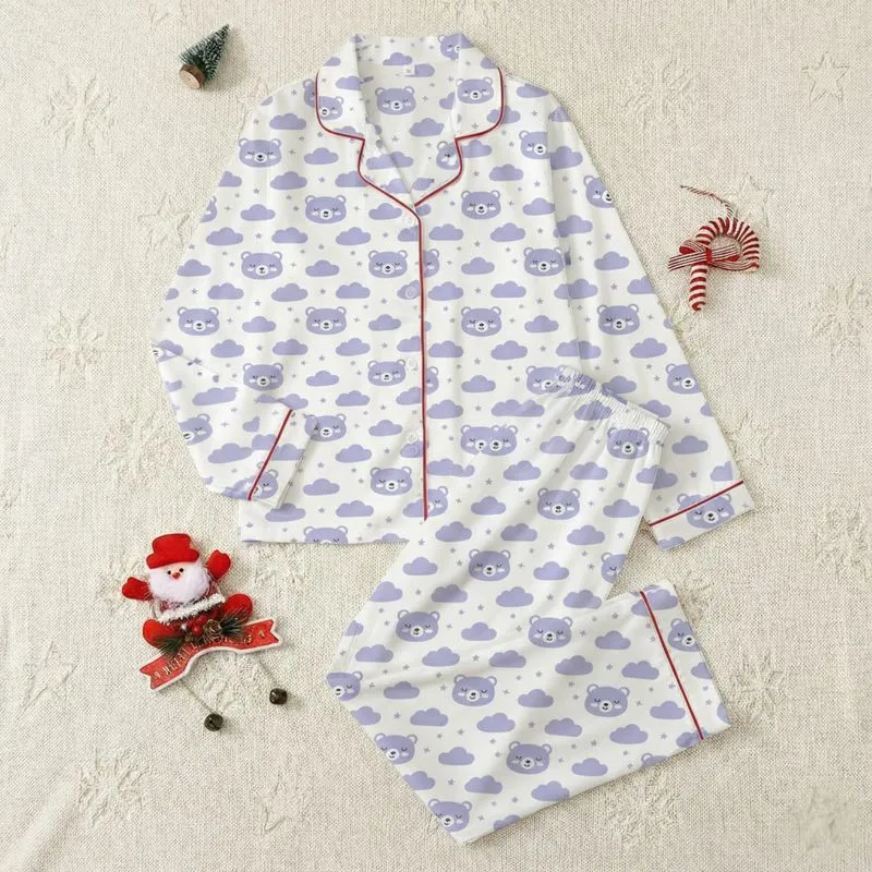Cozy Dreamer's Pastel Lavender Sleeping Bear & Cloud Pattern Satin Pajamas Set - 1