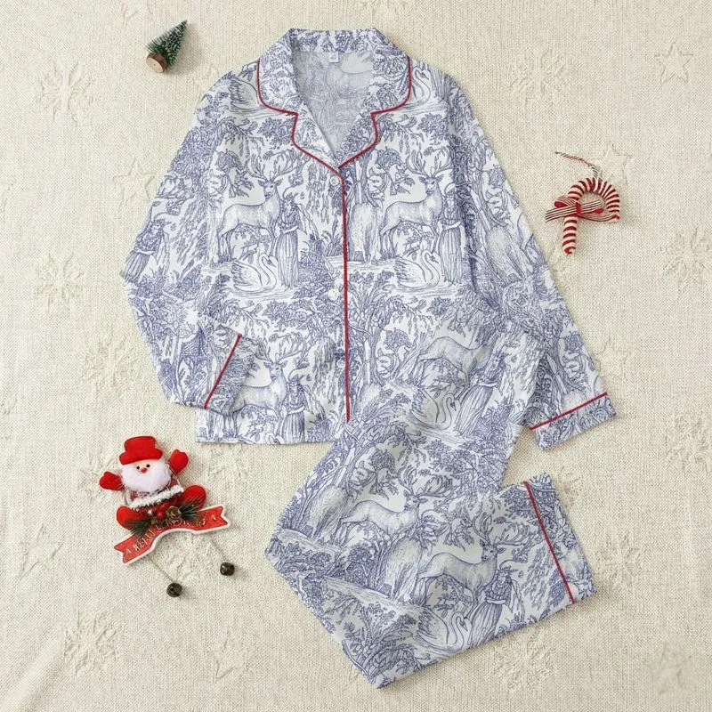 Mythology & Nature Lovers' Vintage Indigo Toile De Jouy Classical Landscape Nymphs Satyrs Swans Satin Pajamas Set - 1