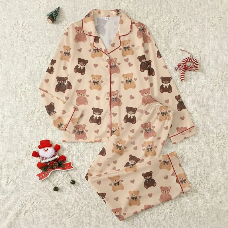 Women's Warm Beige Illustrative Chocolate & Caramel Bears with Bows & Rose Hearts Seamless Pattern Satin Pajamas Set - 1