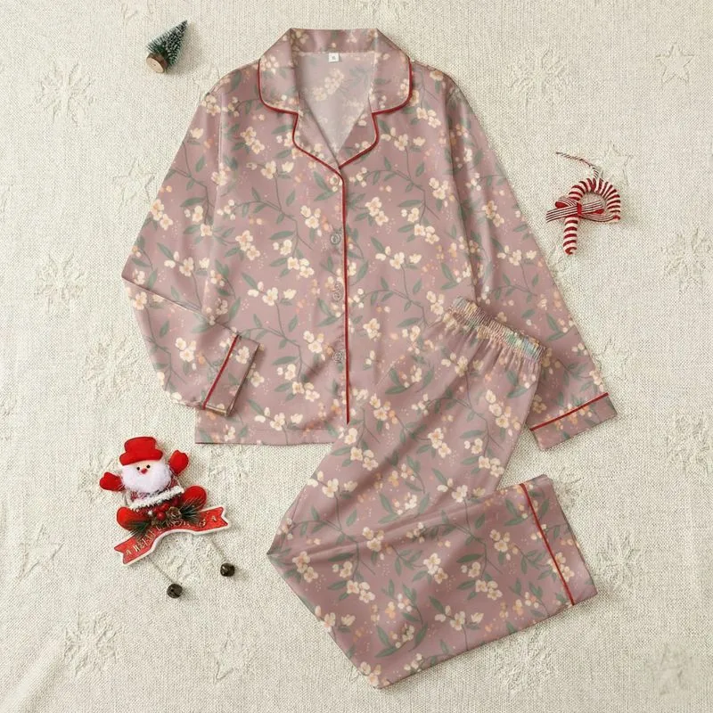Women's Soft-Focus Dusty Rose Botanical Sage Green Leaf Cream Blossom Satin Pajamas Set - 1