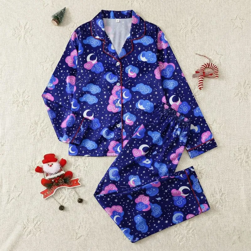 Celestial Dreamers' Deep Indigo Sapphire Star & Moon Pattern Electric Blue Magenta Cloud Art Satin Pajamas Set - 1