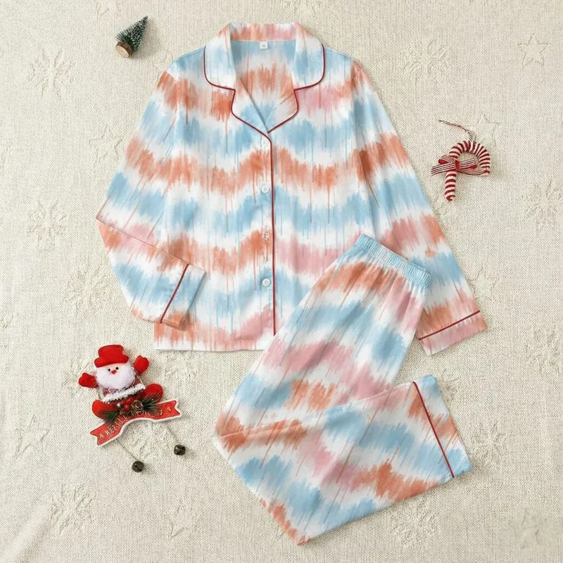 Women's Abstract Watercolor Sky Blue Pink Terracotta Drip Splatter Bands Satin Pajamas Set - 1