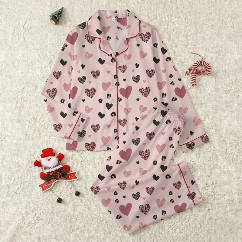 Women's Light Blush Pink Playful Hand-Drawn Hearts & Abstract Leopard Spots Dusty Rose Magenta Charcoal Black Satin Pajamas Set - 1
