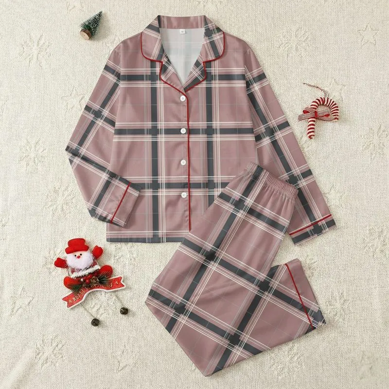 Women's Dusty Rose Charcoal Geometric Plaid Intersecting Grid with Off-White Lines Satin Pajamas Set - 1