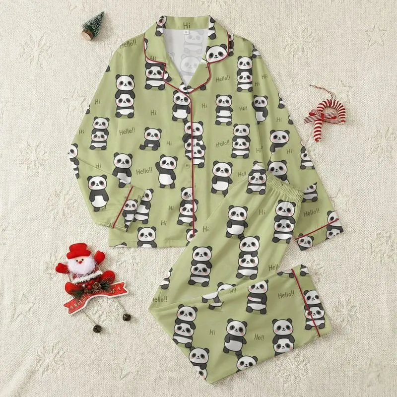 Women's Plus Size Whimsical Olive Green All-Over Cartoon Panda Print with Pink Accents & 'Hello!' Text Satin Pajamas Set - 1