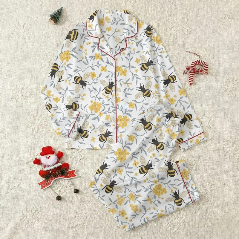 Women's Hand-Drawn Botanical Honey Bee Golden Yellow Blossoms Blue-Grey Leaves White Seamless Pattern Satin Pajamas Set - 1