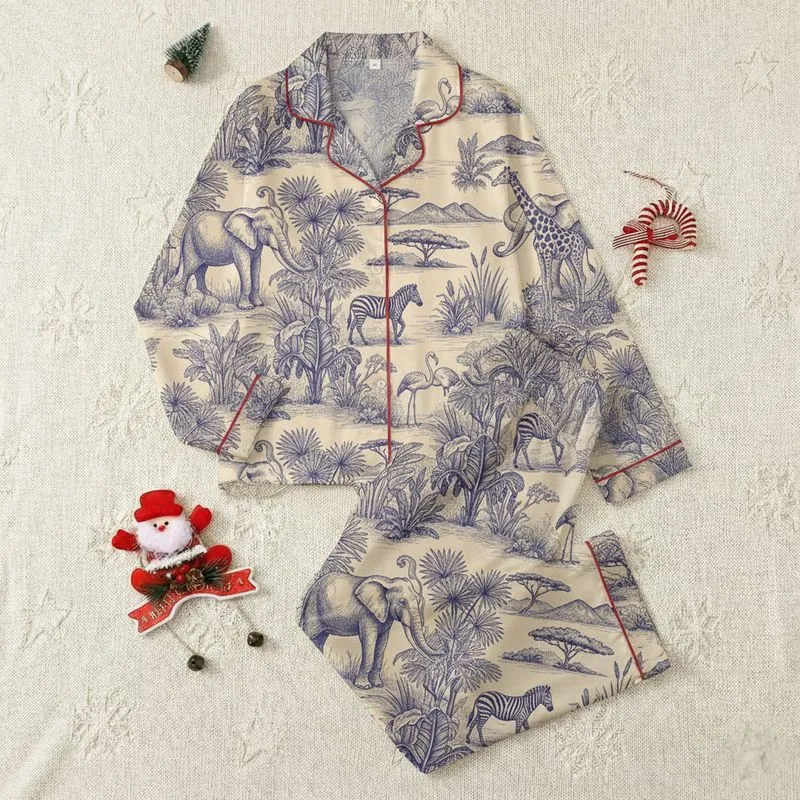 Women's Vintage Toile De Jouy Safari Wildlife Indigo Blue Cream Landscape Etching Satin Pajamas Set - 1