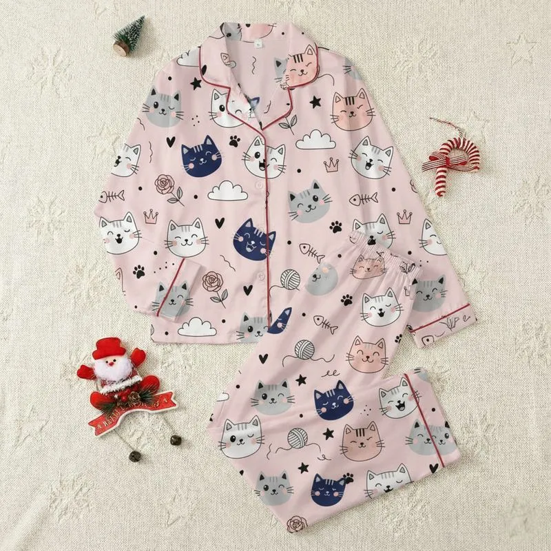 Cat Lovers' Whimsical Hand-Drawn Cartoon Cat Faces in Dark Blue, Grey, Peach Pink & White on Soft Pink, with Paw Prints, Hearts, & Yarn Balls Pattern Satin Pajamas Set - 1