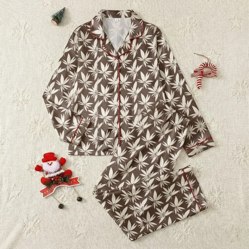 Women's Seamless Cocoa Brown & Creamy Off-White Stylized Tropical Foliage Satin Pajamas Set - 1