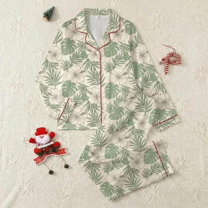 Women's Pale Beige Tropical Hibiscus Palm Leaf Hand-Drawn Design Sage Green Accents Satin Pajamas Set - 1