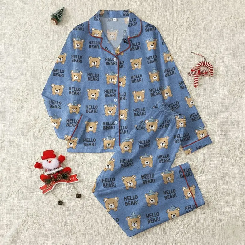 Women's Cozy Comfort Muted Sapphire Blue Cable Knit Bear Pattern, Playful Beige Peeking Bears with Beanies, Hello Bear Text Satin Pajamas Set - 1