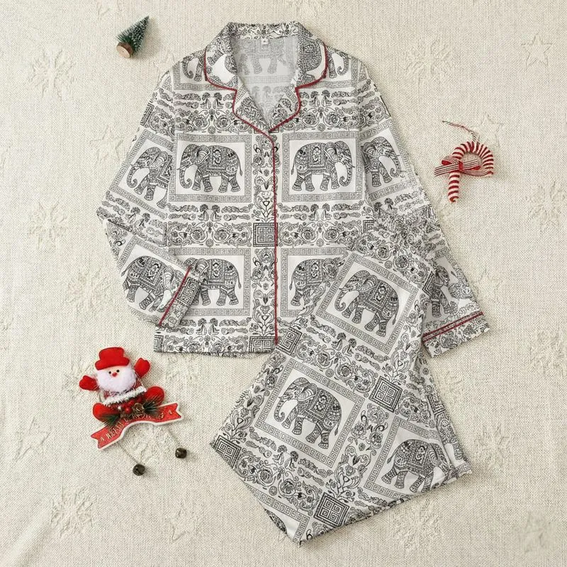 Women's Intricate Black & Off-White Elephant Greek Key Floral Wave Art Pattern Satin Pajamas Set - 1