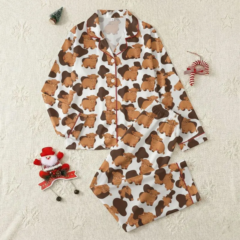 Women's Whimsical Ginger-Brown Highland Calf Cartoon with White & Dark Brown Hide Pattern Satin Pajamas Set - 1