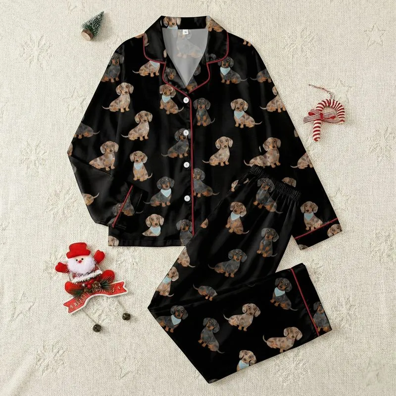 Dachshund Lovers' Stylized Dapple Dachshund Dog Seamless Pattern Rich Brown Tan Grey White on Black with Blue-Grey Accents Satin Pajamas Set - 1