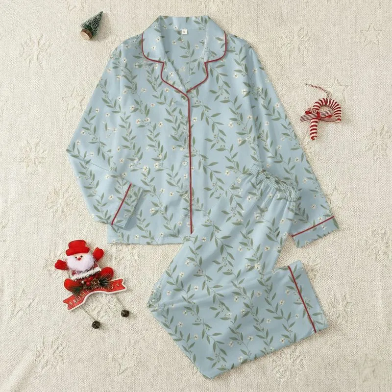 Women's Elegant Hand-Drawn Botanical Olive Sage Green Leaf & Cream Floret Pattern on Sky Blue Satin Pajamas Set - 1
