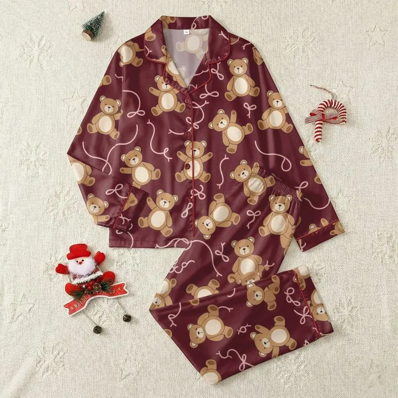Women's Playful Light Brown Teddy Bear Pink Ribbons Deep Maroon Graphic Pattern Satin Pajamas Set - 1