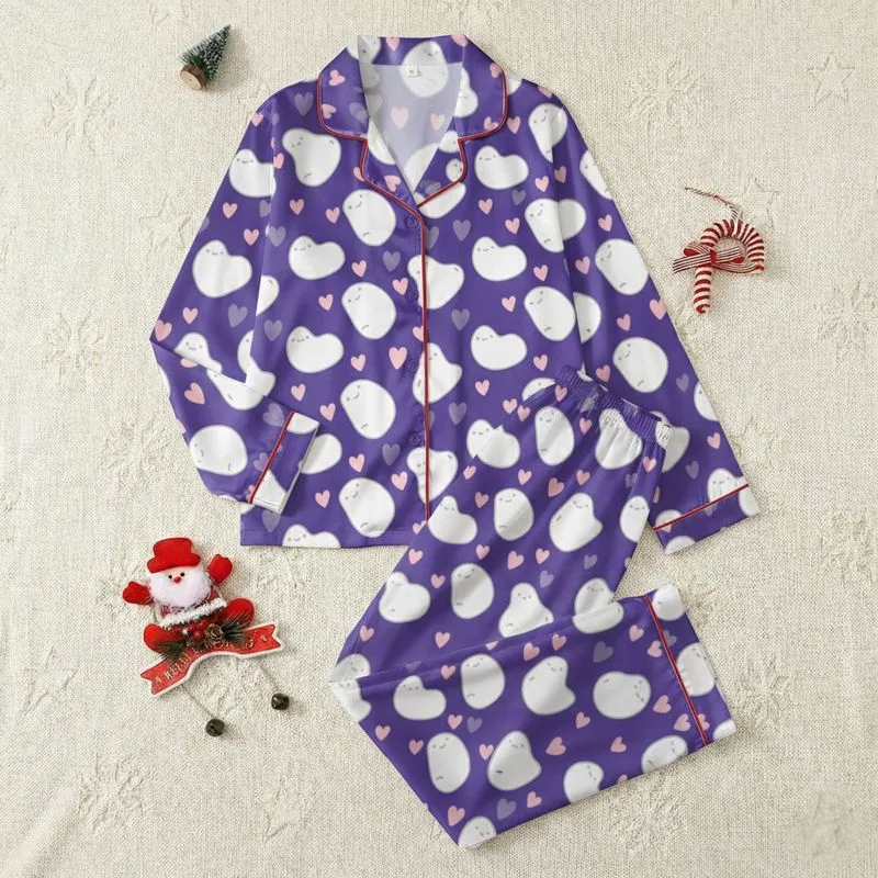 Women's Whimsical Deep Purple White Abstract Forms & Light Pink Hearts Flat Art Pattern Satin Pajamas Set - 1