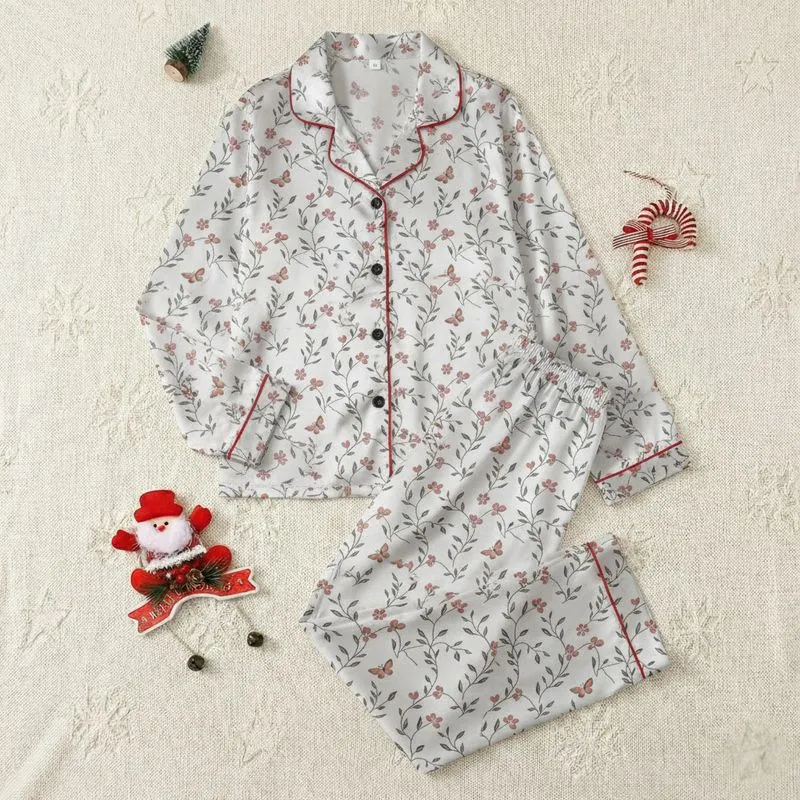 Women's Hand-Drawn Floral Butterfly Pattern in Light Pink, Peachy Gold & Dark Grey on Black Satin Pajamas Set - 1