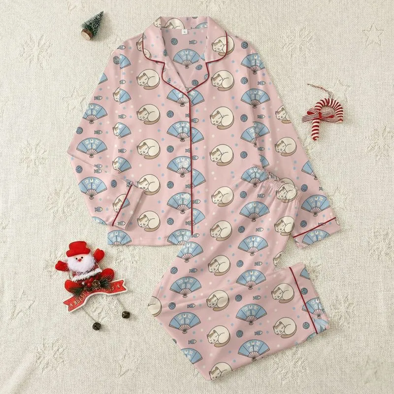 Women's Soft Pastel Pink Sleepy Cats, Muted Blue Fans & Fish All-Over Print Satin Pajamas Set - 1