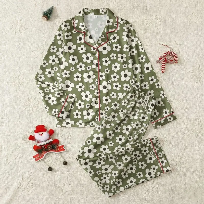 Women's Deep Olive Green White Four-Petal Floral Scatter Print with Black Centers Satin Pajamas Set - 1