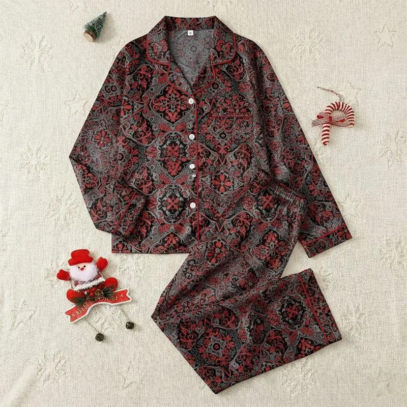 Women's Elegant Feminine Deep Black Crimson Red Ornate Scrolling Floral Geometric Lace Motif Satin Pajamas Set - 1