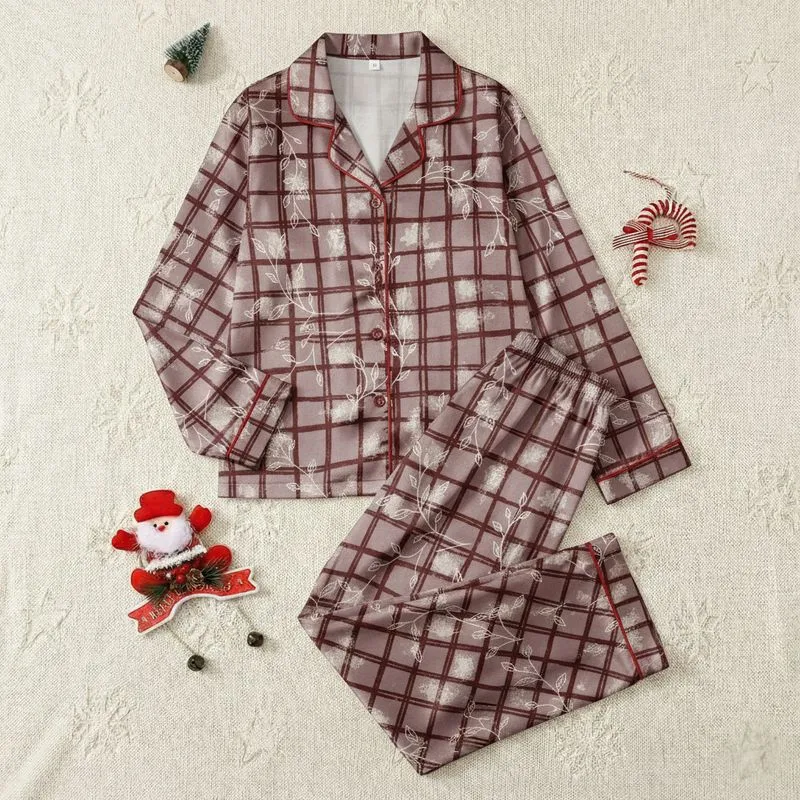 Women's Distressed Hand-Drawn Abstract Plaid Muted Mauve Reddish-Brown Off-White Botanical Weave Satin Pajamas Set - 1