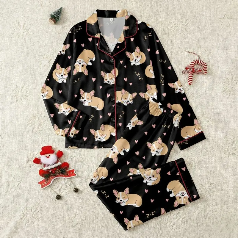 Corgi Lovers' Black Adorable Corgi Puppies Sleeping Playful Pink Hearts Zzz Pattern Satin Pajamas Set - 1
