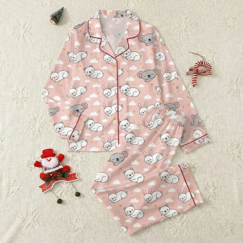 Women's Soft Pink Hand-Drawn Sleeping Bears Bunnies Koalas Cloud Star Pattern Satin Pajamas Set - 1