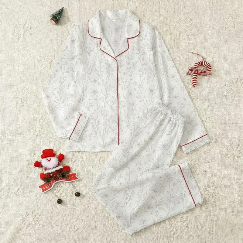 Women's Cream Greige Vintage Botanical Hand-Drawn Leaf Wildflower Berry Sprig Design Satin Pajamas Set - 1