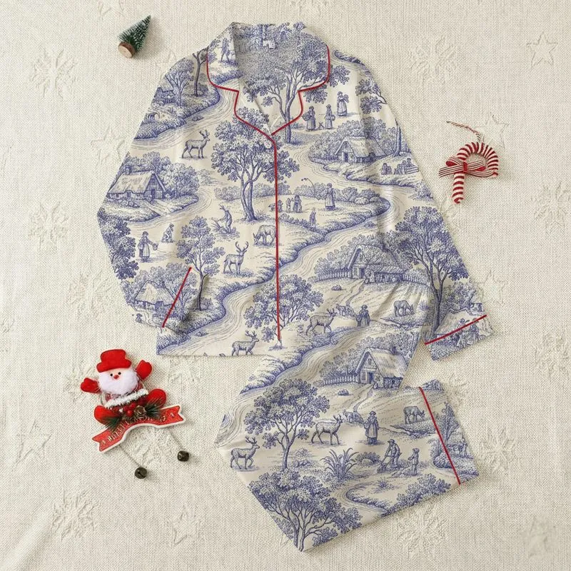 Women's Classic Indigo Toile de Jouy Pastoral Landscape with Deer, Villagers, and Cottages Satin Pajamas Set - 1