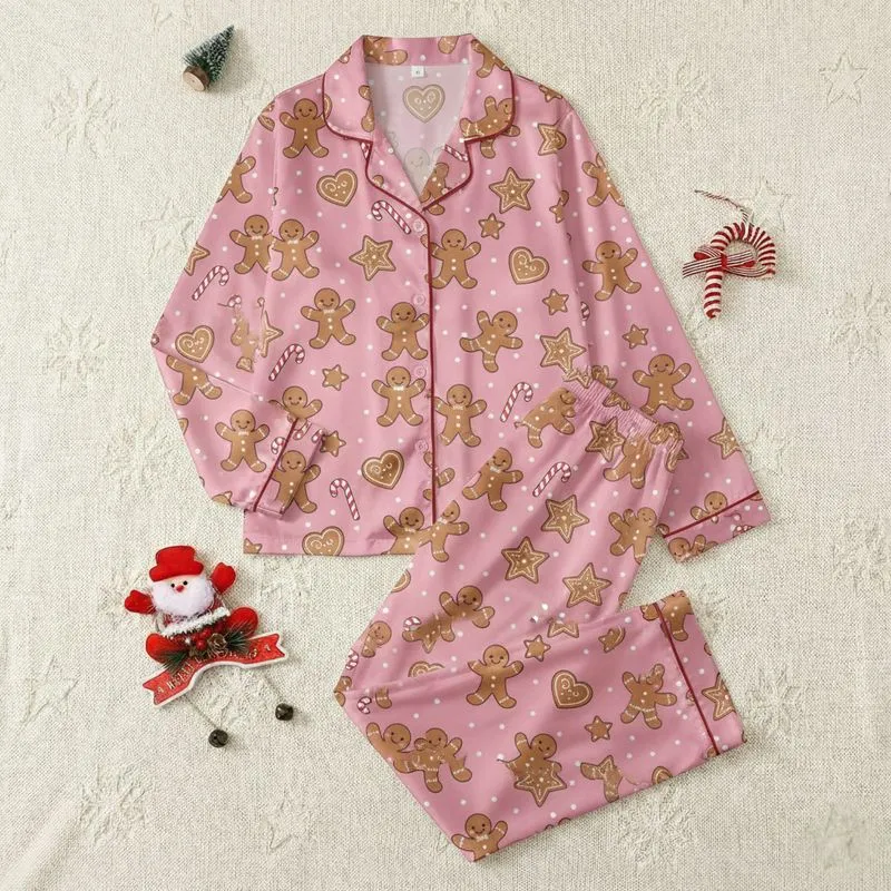 Women's Bubblegum Pink Festive Gingerbread Cookie Candy Cane Star Heart Pattern Satin Pajamas Set - 1