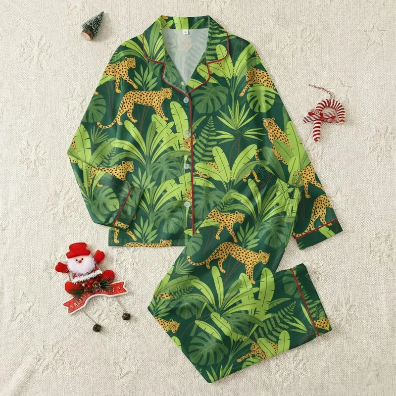 Women's Illustrative Golden Leopard Emerald Green Tropical Monstera Palm Frond Pattern Satin Pajamas Set - 1