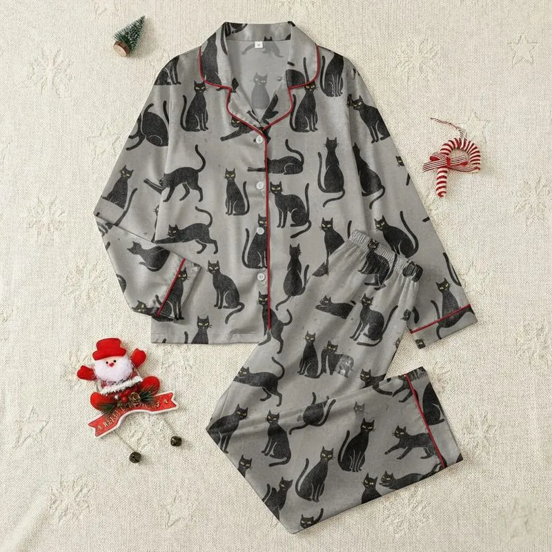 Women's Distressed Stone Grey Hand-Drawn Charcoal Cat Silhouettes Yellow Eyes Satin Pajamas Set - 1