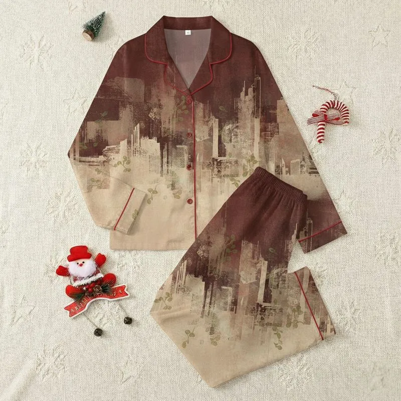 Women's Painterly Grunge City Skyline Abstract Distressed Red-Brown Beige Ombre Satin Pajamas Set - 1