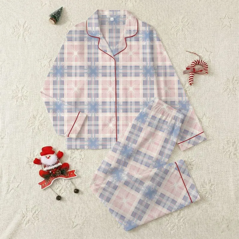 Women's Intricate Geometric Plaid Overlapping Grid in Muted Rose Pink, Dusty Blue, Creamy White Satin Pajamas Set - 1