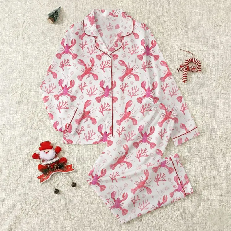 Women's Whimsical Watercolor Fuchsia Pink Red Lobster Coral Seashell Pattern Satin Pajamas Set - 1